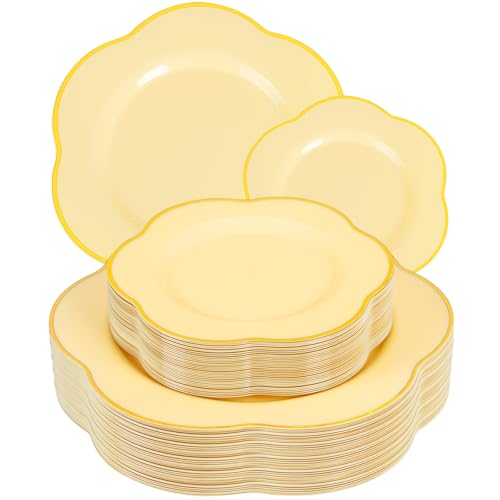 Yellow Plastic Plates Set with Gold Accents - Floral Style 50PCS for Parties & Events