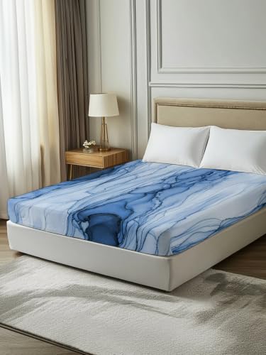 Twin Flat Sheet Blue Marble Veins - Microfiber Bed Bedding for All Seasons - LooPoP
