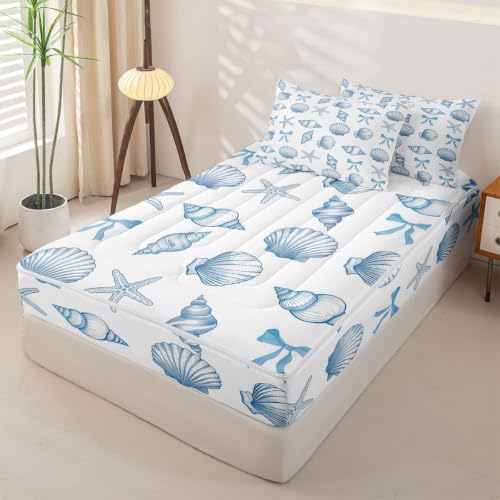 Blue White Starfish Shell Comforter Set Twin Zipper Bedding for Kids Coastal Ocean