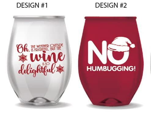 Christmas Themed Stemless Wine Glass Set of 12 - Unbreakable Funny Sayings - Holiday Party Drinkware