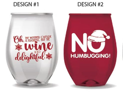 Christmas Themed Stemless Wine Glass Set of 12 - Unbreakable Funny Sayings - Holiday Party Drinkware