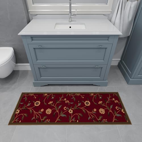 Ottomanson Hallway Runner Rug 20" x 53" Non Slip Floral Area Rugs Easy to Clean Laundry Rug Runner Durable & Pet Friendly Floor Carpet Runners for Hallways Entryway Living Room Kitchen Bathroom, Red