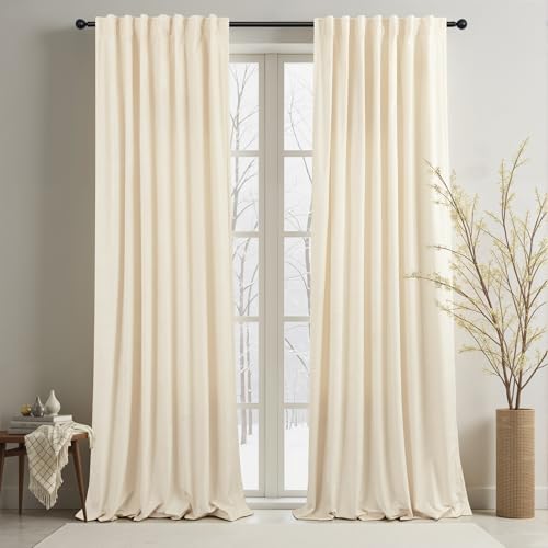 Cream Beige Velvet Curtains 52x96 Inches - Pack of 2 - Room Darkening & Thermal Insulated Drapes for Living Room & Bedroom
