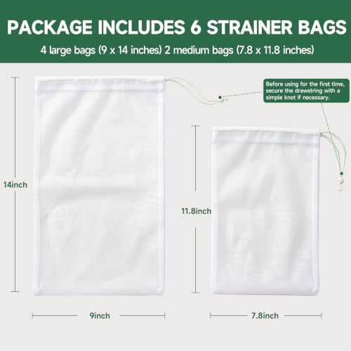 Reusable Fine Nylon Mesh Strainer Bags for Juicing Nut Milk and More - 6 Pack