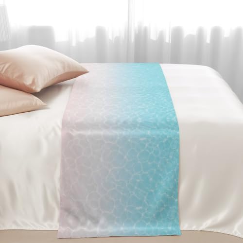 83" x 20" Queen Size Ocean Waves Bed Runner Scarf Satin Coastal Decor Aqua Variation