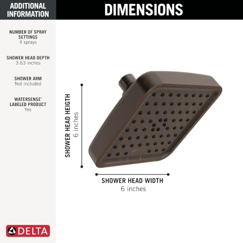Delta 6-Inch Square Shower Head with 4 Settings Matte Black 2.5 GPM