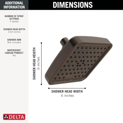 Delta 6-Inch Square Shower Head with 4 Settings Matte Black 2.5 GPM