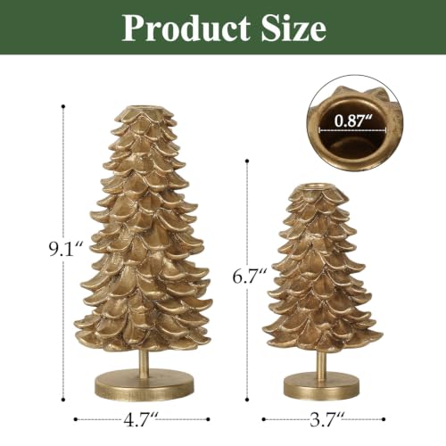 Christmas Taper Candle Holders Set of 2 - Gold Pine Cone Decor for Holiday