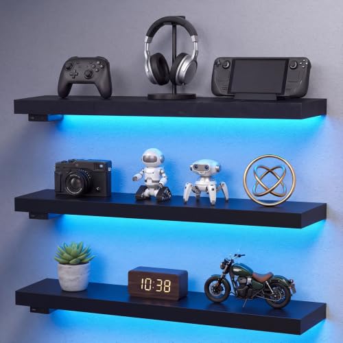 31.5 Inch Solid Wood RGB LED Floating Shelves with Remote - Black