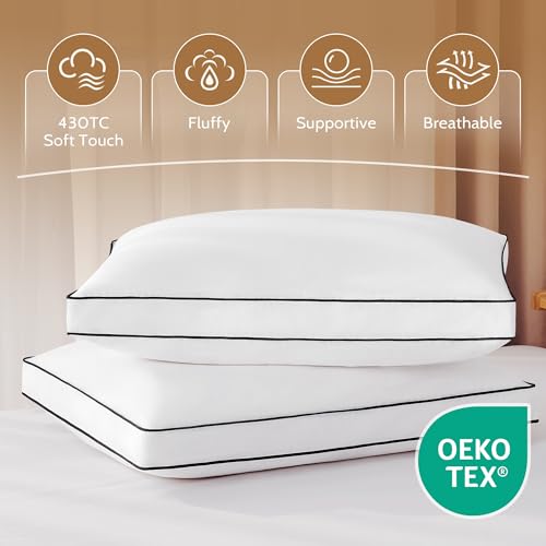Queen Size Goose Feather Down Pillows Set of 2 with Gusset - Luxury Hotel Collection 20x30 Inches