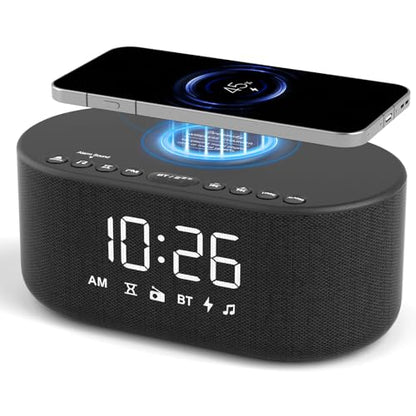 DreamSky Alarm Clock Radio with Wireless Charging and Bluetooth Speaker - Black