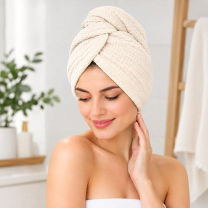 Hair Towel Wrap for Women - Microfiber Waffle Weave, Quick Dry, Cream