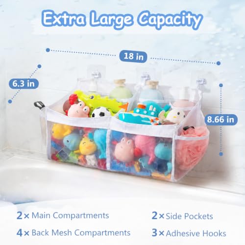Large Bath Toy Organizer with Mesh Pockets for Kids' Bathroom Storage