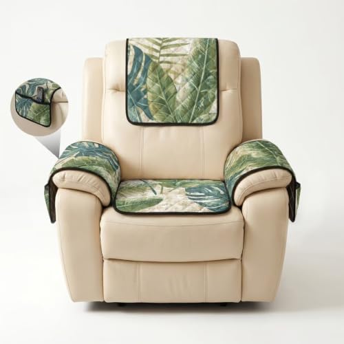 Tropical Leaf Quilted Recliner Chair Protector Cover - Full 4-Piece Set, Waterproof & Non-Slip