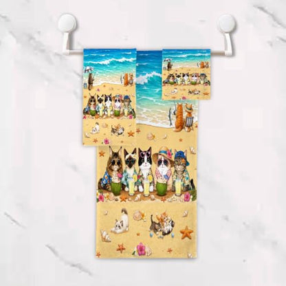 Cat Beach Towel Set - 3 Piece Summer Cat Bath Towels with Ocean Theme - Miaow Variation