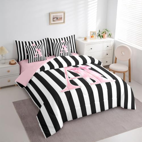 Pink Reversible Initial Letter A Comforter Set Queen Size - Black Pink Variation