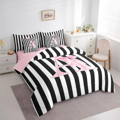 Pink Reversible Initial Letter A Comforter Set Queen Size - Black Pink Variation