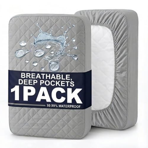 Full Waterproof Mattress Protector with Breathable Quilted Fitted Sheet - All-Season Cooling, Noiseless, Thickened Cover