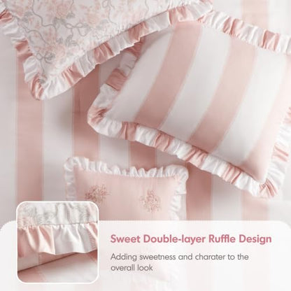 Pink Floral Comforter Set Full/Queen - 4 Piece Bed Bedding with Ruffle Edge & Reversible Floral Design