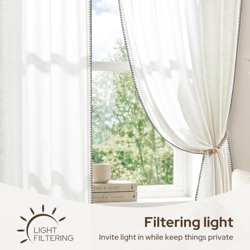 Cream Linen Semi Sheer Curtains 84 Inches Long - Pack of 2, Embroidered Trim