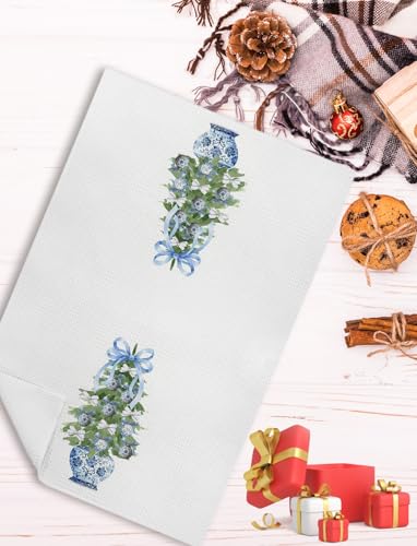 Christmas Tree Wreath Kitchen Towels - Chinoiserie Blue Bow - 16x24 Inch Set of 2 - Variation 18