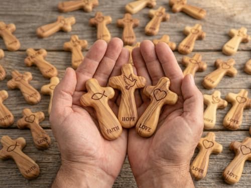 Mini Olive Wood Pocket Cross Set of 3 - Faith, Hope & Love - Bethlehem Carved Religious Keepsakes