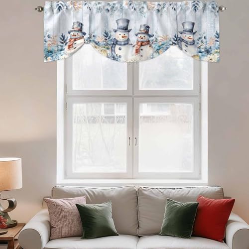 Blue Snowman Christmas Tie Up Valance Curtains for Windows, 54x18 Inches, Pack of 1
