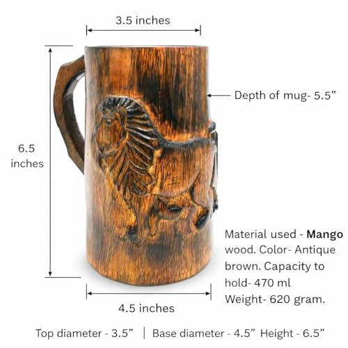 Hand-Carved Wooden Coffee Mug with Lion Design - Antique Brown, 470ml