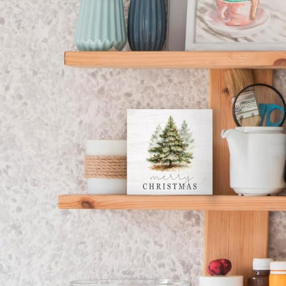 Christmas Pine Tree Farmhouse Wood Box Sign - Winter Holiday Decor 5x5 - Color 11
