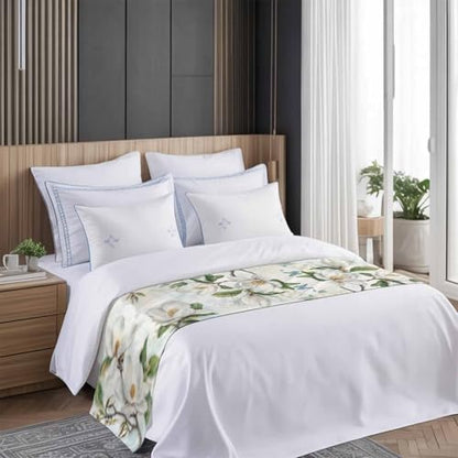 94x20in White Magnolia Flower Bed Runner for King Bed - Decorative Bed Scarf
