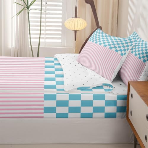 Gingham Striped Comforter Set Pink Blue White Full Size Bedding with Zipper