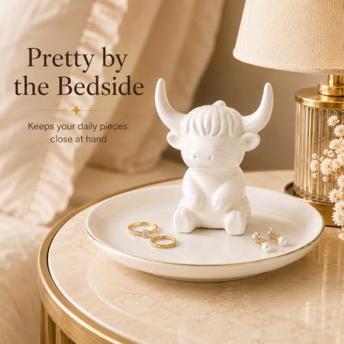 Highland Cow Jewelry Dish - White Ceramic Ring Holder & Trinket Tray