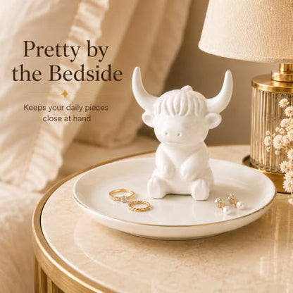 Highland Cow Jewelry Dish - White Ceramic Ring Holder & Trinket Tray