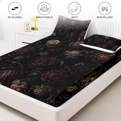 Dark Thorn Wilted Flower Fitted Sheet Set Full - Gothic Floral Bedding