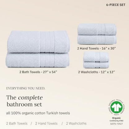 Organic Cotton Bathroom Towel Set of 6 - Soft Blue, GOTS Certified