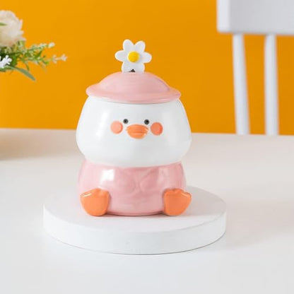 Pink Duck Coffee Mug with Hat Lid and Flower Spoon - Cute 3D Ceramic Drinkware