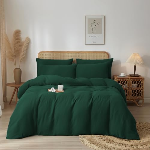 Dark Green Twin Muslin Cotton Duvet Cover Set - Fluffy Solid Bedding