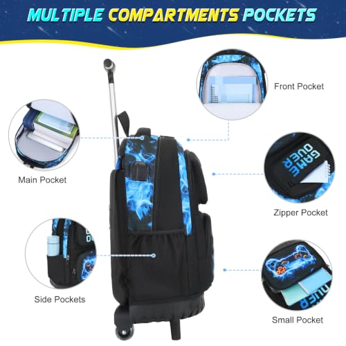 Kids Rolling Backpack Set with Lunch Bag & Pencil Case - Gamer Design, Durable & Water-Resistant, School & Travel Use