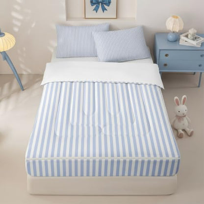 Queen Blue White Stripe Comforter Set with Zippered Bed-In-A-Bag
