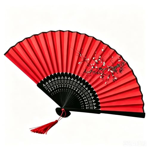 Red Silk Folding Hand Fan with Plum Blossom Print - Traditional Chinese Decor