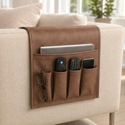 Brown Leather Sofa Armrest Organizer for Couch & Recliner – Waterproof Multi-Pocket Couch Caddy with Magazine & Small Item Storage - Variations of This Listing