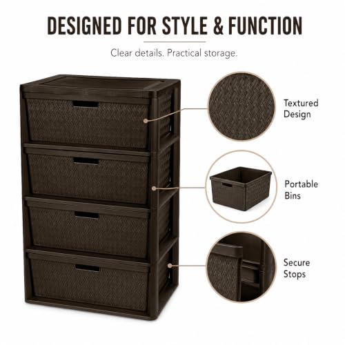 Wide Brown 4-Drawer Plastic Storage Tower with Cross-Weave Pattern - Clutter Organizer