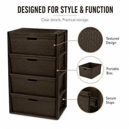 Wide Brown 4-Drawer Plastic Storage Tower with Cross-Weave Pattern - Clutter Organizer