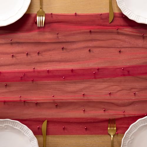 DeZerlor Red Pearl Table Runner for Christmas Party Decor - 1 Pack