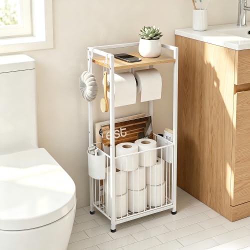 Freestanding Toilet Paper Holder Stand with Hooks & Storage - White