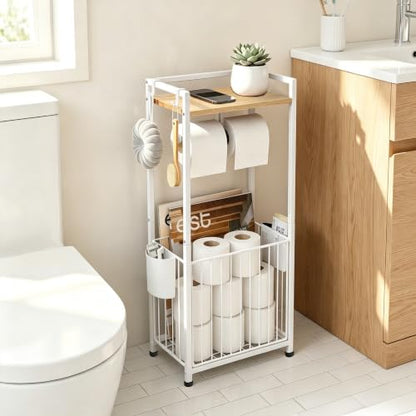 Freestanding Toilet Paper Holder Stand with Hooks & Storage - White