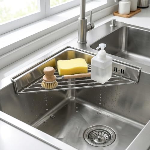 304 Stainless Steel Corner Sink Drying Rack - Triangular Kitchen Caddy - Variation 1
