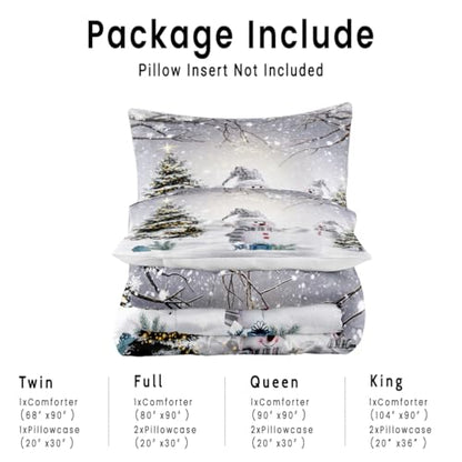 King Size Christmas Snowman Comforter Set - Snowy Forest Bedding, 104x90 Inch