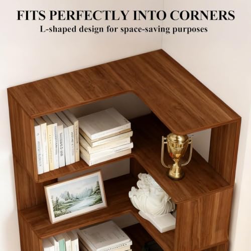 Walnut 6-Tier Corner Bookshelf Tall L-Shaped Bookcase for Home Office and Living Room