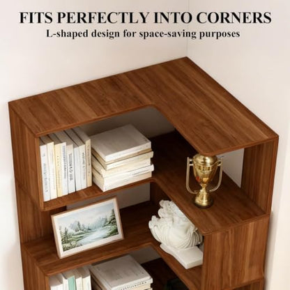 Walnut 6-Tier Corner Bookshelf Tall L-Shaped Bookcase for Home Office and Living Room